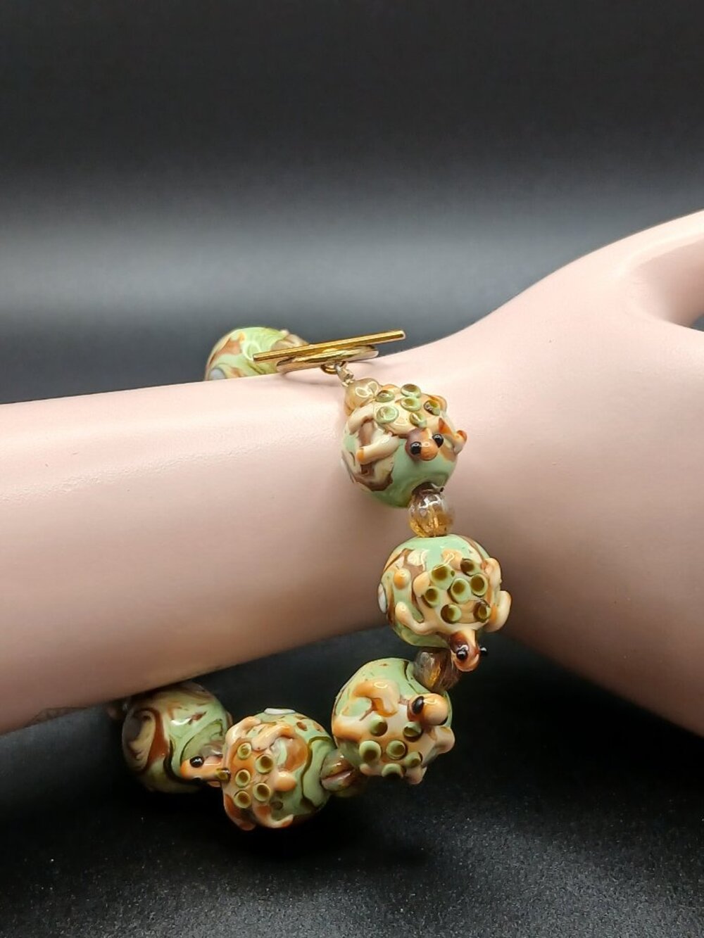 Vintage Artisan Lampwork Glass Turtle Bead Bracelet Sage Green, Cream And Brown